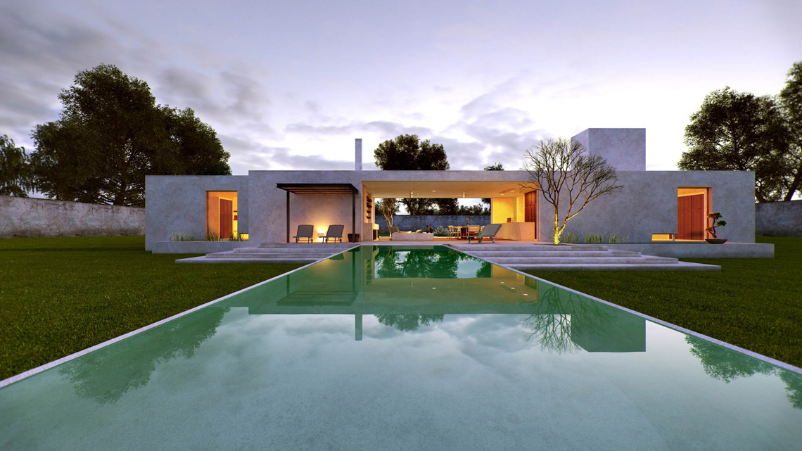 render atardecer de la casa sisal en hacienda sacchi del arquitecto salvador reyes rios